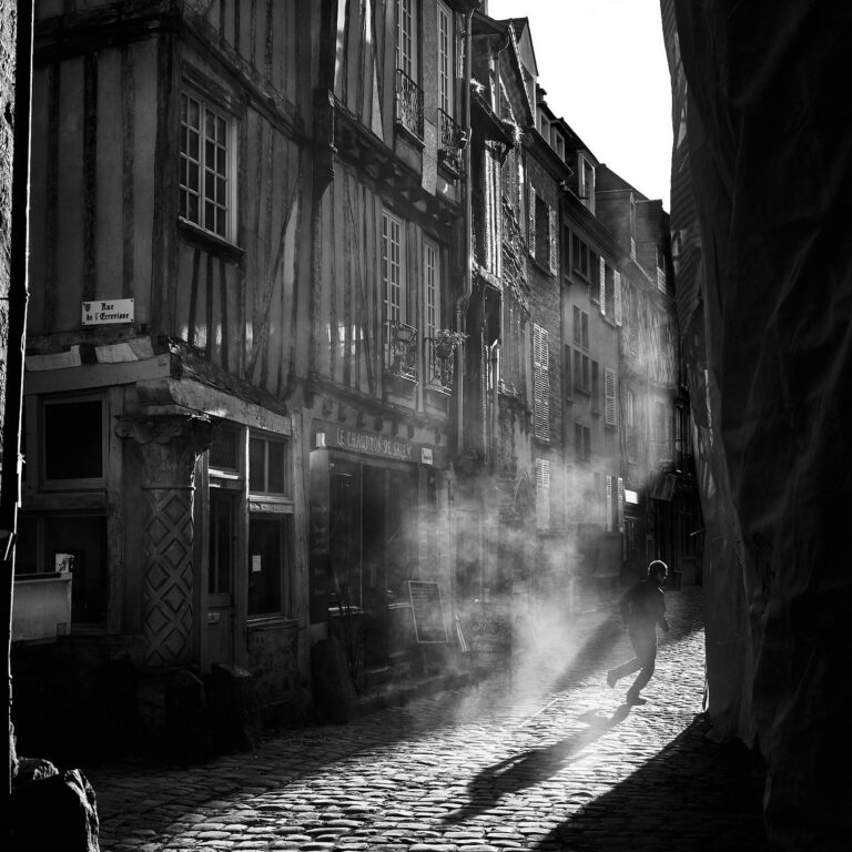 Rue de l'Écrevisse dans la Cité Plantagenêt du Mans, maisons à pans de bois en noir et blanc