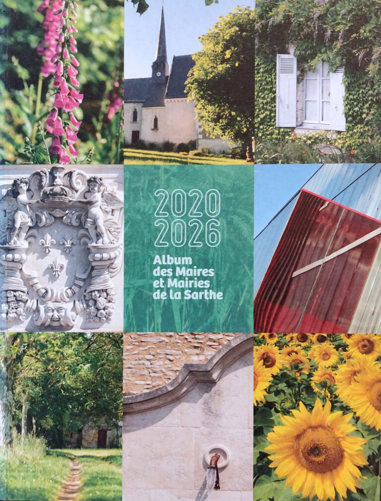 Album des maires et des mairies de la Sarthe 2020-2026 - couverture, mosaïque de photos de villages, de patrimoine et de paysages sarthois