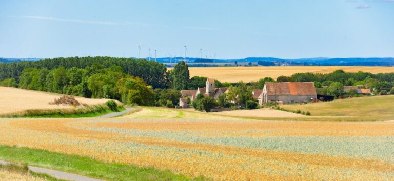 Album des maires et des mairies de la Sarthe - le village de Vézot entre champs de blé et éoliennes à l'horizon